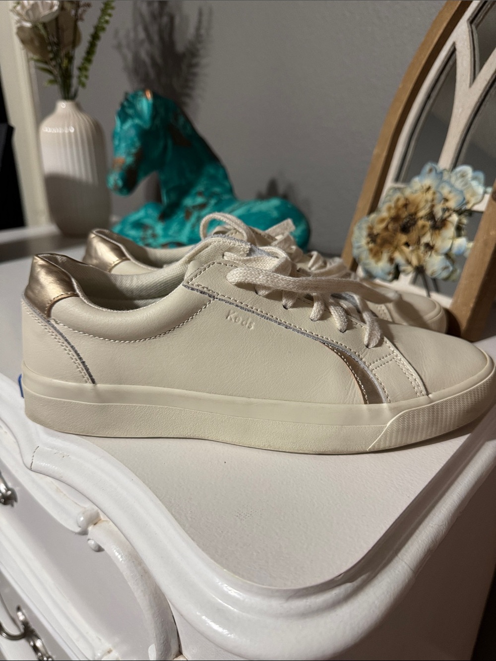 Keds Cream Lace-Up Sneakers with Metallic Gold Heel